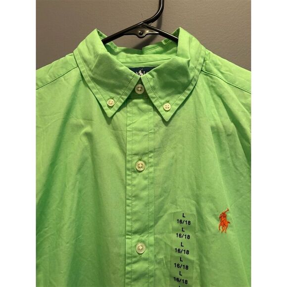 Ralph Lauren Boys L Green Short Sleeve Button-Up Shirt Embroidered Logo - Picture 7 of 8